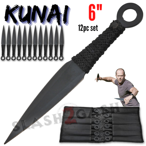 6" Black Naruto Kunai Throwing Knives 12 Pc Set w/ Ring Anime