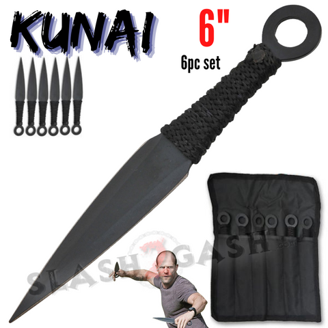 6" Black Naruto Kunai Throwing Knives 6 Pc Set w/ Ring Anime