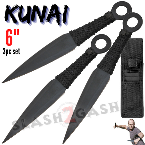 Naruto Kunai Throwing Knives 3 Pc Set w/ Ring Anime - 6" Black