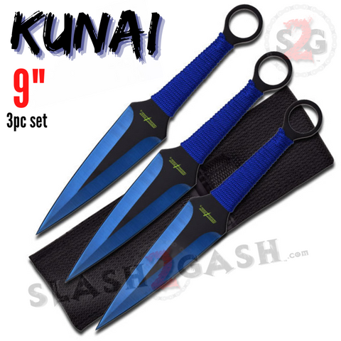  9" Blue Naruto Kunai Throwing Knives 3 Pc Set w/ Ring Anime