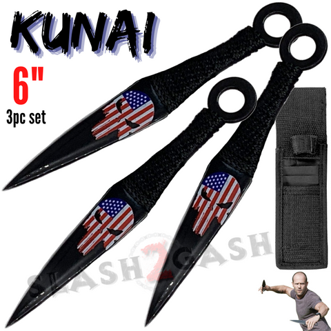 6" Punisher Skull Black Kunai Throwing Knives American Flag - 3 Pc Set