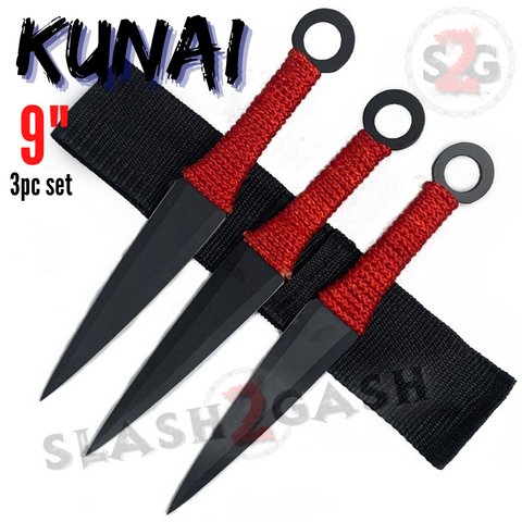 9" Black w/ Red Naruto Kunai Throwing Knives 3 Pc Set w/ Ring Anime