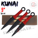 Naruto Kunai Throwing Knives Black and Red w/ Ring and Sheath - 9" 3 Piece Set