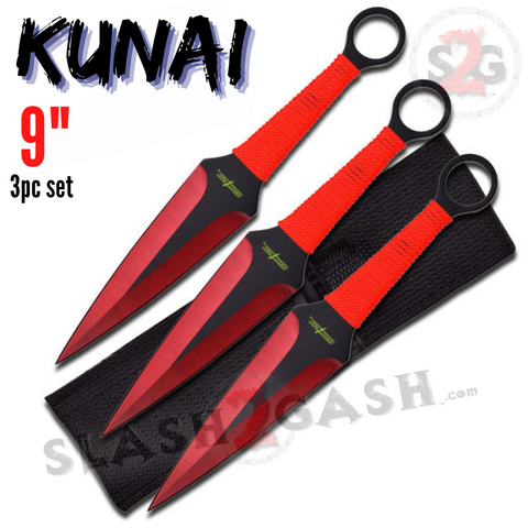 9" Red Naruto Kunai Throwing Knives 3 Pc Set w/ Ring Anime