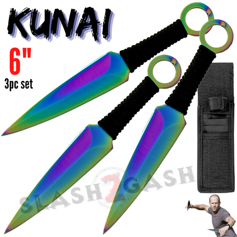 6" Rainbow Naruto Kunai Throwing Knives 3 Pc Set w/ Ring Anime