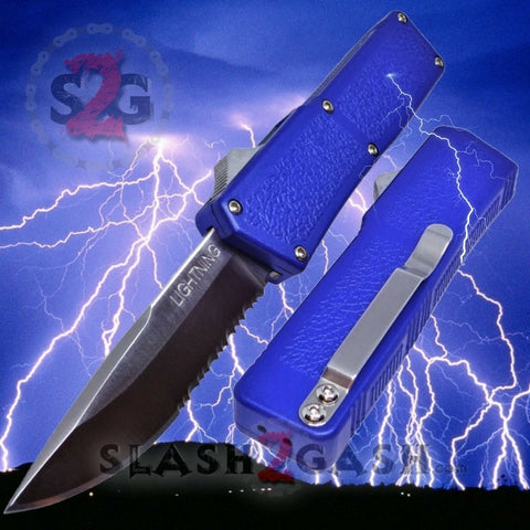 Lightning OTF Dual Action Blue Automatic Knife - Satin Serrated
