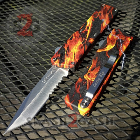 Lightning OTF Knife D/A Flame Fire Automatic Switchblade - Tanto Serrated w/ Hydro Dip