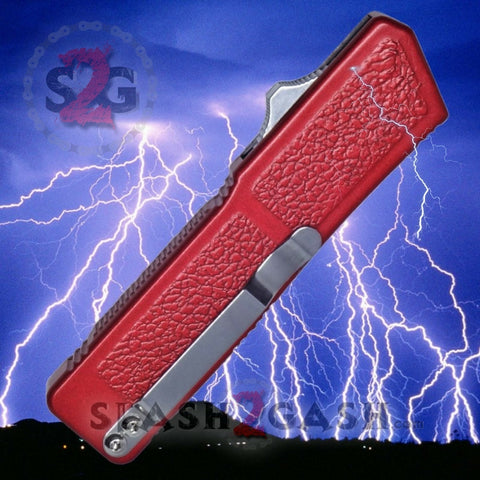 Lightning OTF Dual Action Red Automatic Knife - Satin Serrated Edge