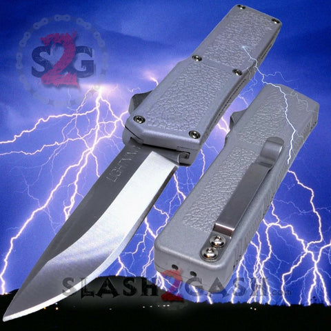 Taiwan Lightning OTF Dual Action Silver Automatic Knife - Satin Plain Edge