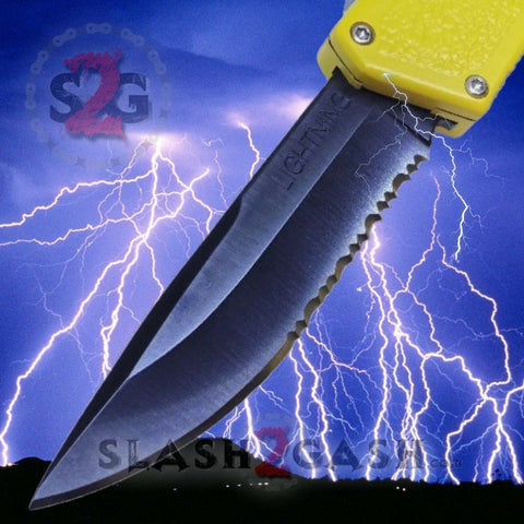 Lightning OTF Dual Action Yellow Automatic Knife - Tactical Serrated Edge