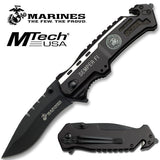 US Marines Knife Licensed Leatherneck Black Tactical Spring Assist Drop Point