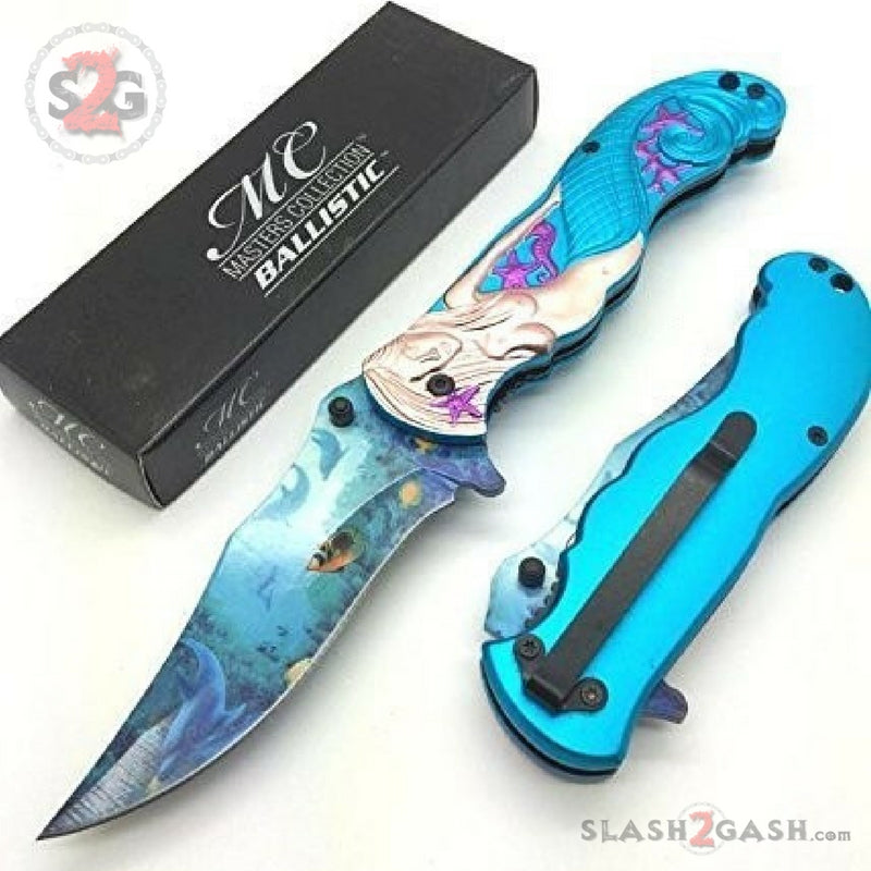 Fantasy L Blue Mermaid Ocean View Spring Assisted Folding Knife