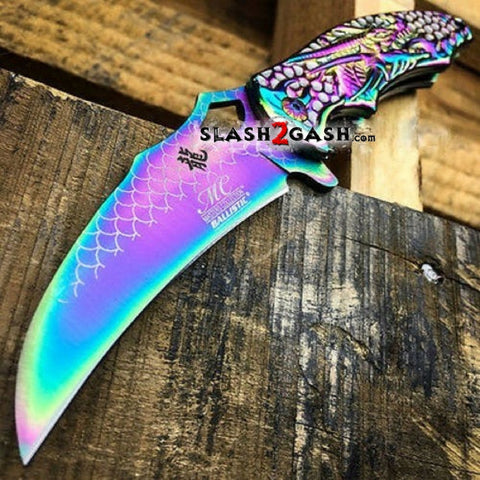 Dragon Titanium Rainbow Spring Assisted Knife Fade Claw Scales Master