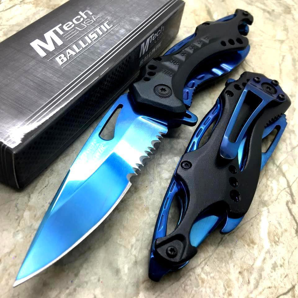 Black/Blue Spring Assisted Tactical Knife w/ Bottle Opener +