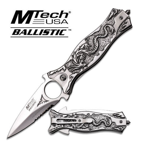 M-TECH Chrome Dragon Silver Finger Hole Spring Assisted Knife w/ Breaker