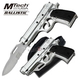 MT-A818SB Mtech Gun-Shaped Spring Assisted Knife Silver Pistol w/ Holster Black Sheath