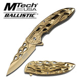 MTECH Ballistic GOLDEN Skeletonized Flame Blade Spring Assisted Open Knife
