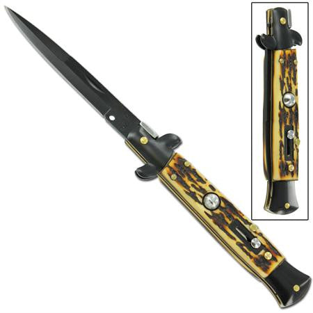 9" Mafia Italian Milano Stiletto Black Stag Handle Classic Automatic Knife