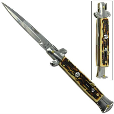 9.5" Grande Italian Milano Stiletto Classic Automatic Knife - Silver Stag