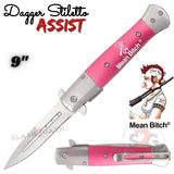 Pink Dagger Spring Assist Stiletto Knives Slim Pocket Knife Silver Blade Mean Bitch