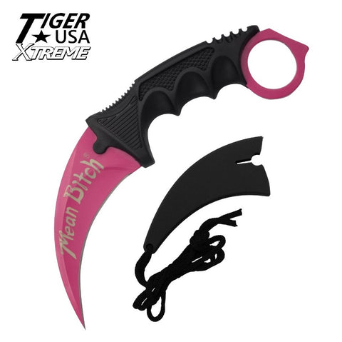 Mean Bitch Karambit Pink Tactical Claw Neck Knife Fixed Blade w/ Sheath Girly Knives