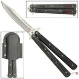 Gray & Black Micarta Butterfly Knife w/ ABS Holster Sharp Silver Clip Point Balisong Grey