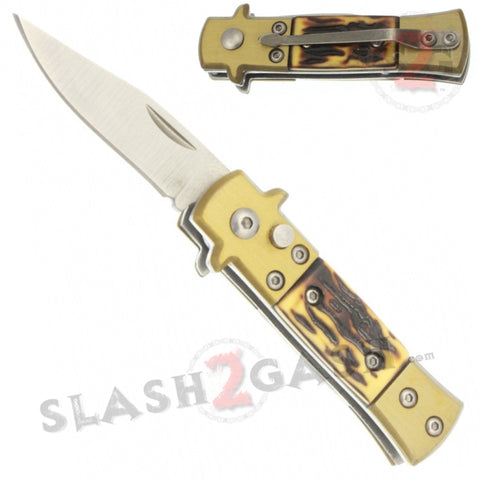 Mini Bronze Stiletto Automatic Knife California Legal Switchblade Knives - Simulated Stag Horn