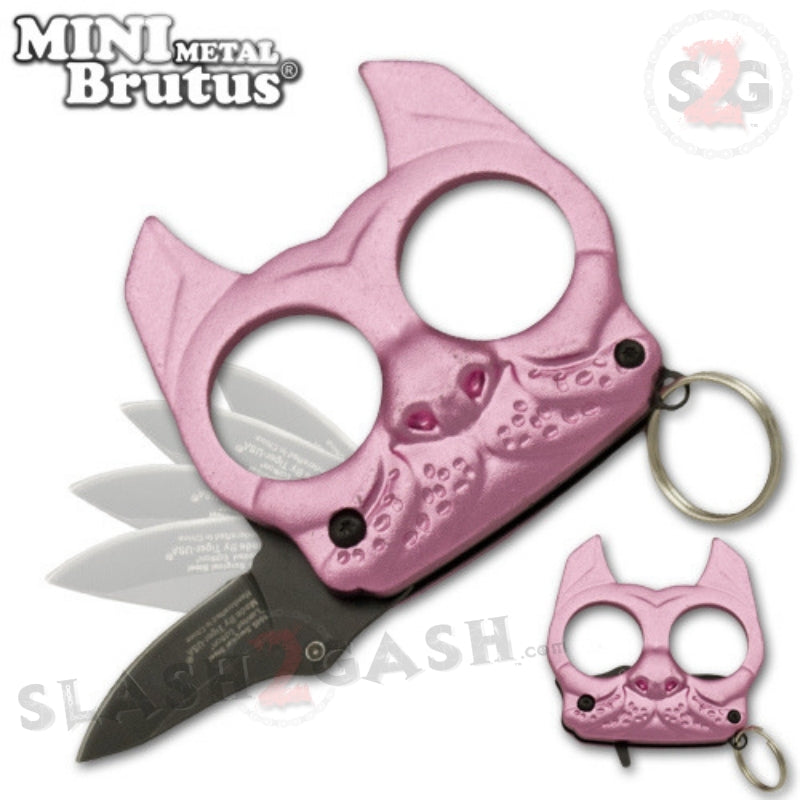 Mini Brutus Self Defense Keychain Metal Knuckles w/ Knife - Pink
