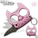 Mini Brutus the Bulldog Metal Self Defense Keychain Knuckles w/ Knife - Pink Punchy Puppy Spring Assisted