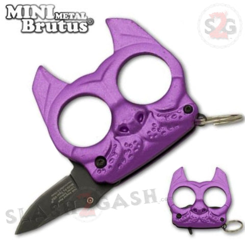 Mini Brutus Self Defense Keychain Metal Knuckles w/ Knife - Purple Bulldog Small Compact Jabber Punchy Puppy
