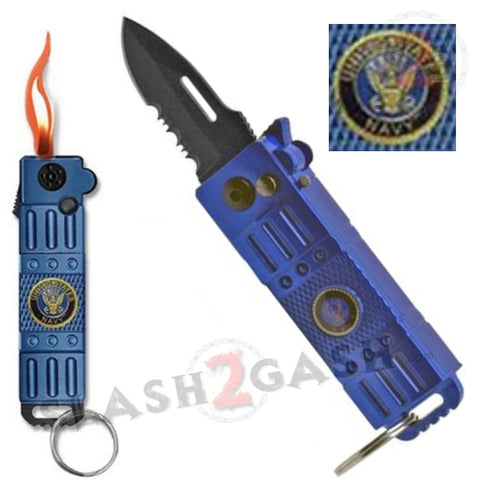 Mini Automatic Knife w/ Lighter California Legal Blue Switchblade - NAVY Key Chain