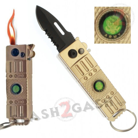 Mini Automatic Knife w/ Lighter California Legal Gold Switchblade - ARMY Key Chain