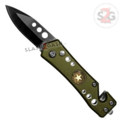 Mini Rescue Automatic Knife Cali Legal Green small Switchblade - Army Logo w/ cutter and breaker 