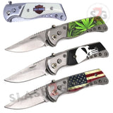Small Switchblade Automatic Knife w/ Safety Lock - Harley Punisher Skull USA Flag marijuana 