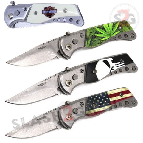 Small Switchblade Automatic Knife w/ Safety Lock - Harley Punisher Skull USA Flag marijuana 