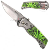 Small Switchblade Automatic Knife w/ Safety Lock - Marijuana leaf Mary Jane