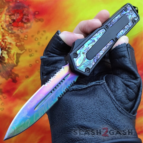 Black Scarab D/A OTF Automatic Knife Rainbow Damascus w/ Abalone - Double Edge Switchblade Serrated