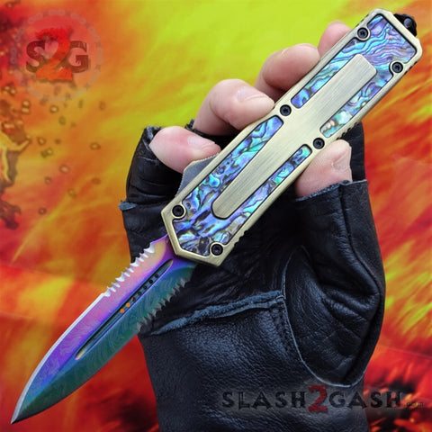 Golden Scarab D/A OTF Automatic Knife Rainbow Damascus w/ Abalone - Double Serrated Edge Switchblade