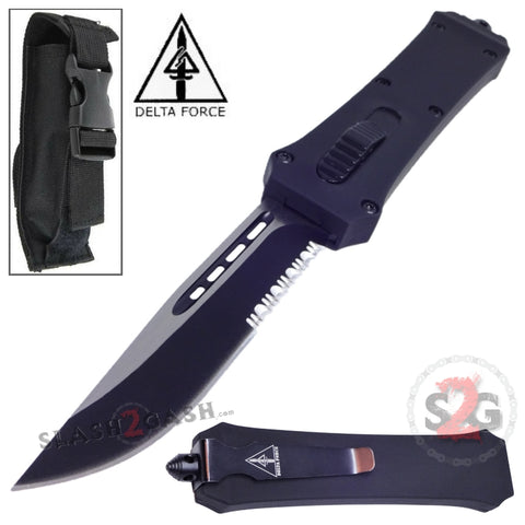 Delta Force OTF Crypt Keeper Dual Action Black Tactical Automatic Knife Drop Point Serrated Switchblade