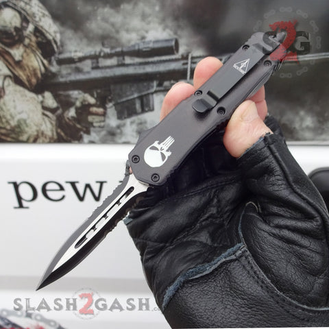 Delta Force Punisher Skull 7" Small OTF Automatic Knife D/A Switchblade - Double Edge Serrated