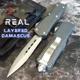 Carbon Fiber OTF Knife D/A Switchblade - REAL Layered Damascus - S2G Tactical Automatic Knives Double Edge Plain Silver Hardware
