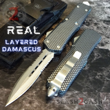 Real Damascus OTF Knife Carbon Fiber D/A Switchblade - S2G Tactical Automatic Knives - Dagger Serrated Silver