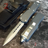 Carbon Fiber OTF Knife D/A Switchblade - REAL Damascus - S2G Tactical Automatic Knives Double Edge Serrated Silver Hardware