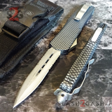 Real Damascus OTF Knife Carbon Fiber D/A Switchblade - S2G Tactical Automatic Knives - Dagger Serrated Silver