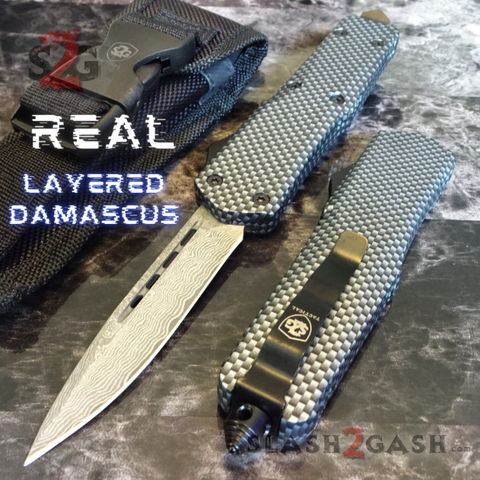 Real Damascus OTF Knife Carbon Fiber D/A Switchblade - S2G Tactical Automatic Knives Single Edge Plain Black Hardware