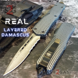 Real Damascus OTF Knife Carbon Fiber D/A Switchblade - S2G Tactical Automatic Knives Single Edge Serrated Black Hardware