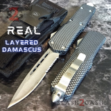 Real Damascus OTF Knife Carbon Fiber D/A Switchblade - S2G Tactical Automatic Knives Single Edge Serrated Silver Hardware
