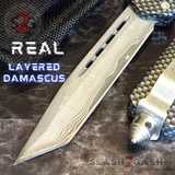 Real Damascus OTF Knife Carbon Fiber D/A Switchblade - S2G Tactical Automatic Knives Tanto Plain Silver Hardware