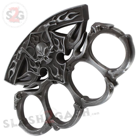 Out of the Flames Retribution Biker Skull Brass Knuckles Paperweight Antiqued Silver Motorcycle Cross