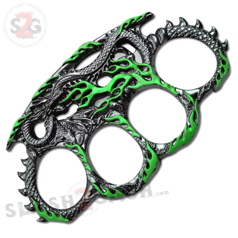 Enter the Dragon Flames Brass Knuckles Serpent Fantasy Paperweight - Metallic Green